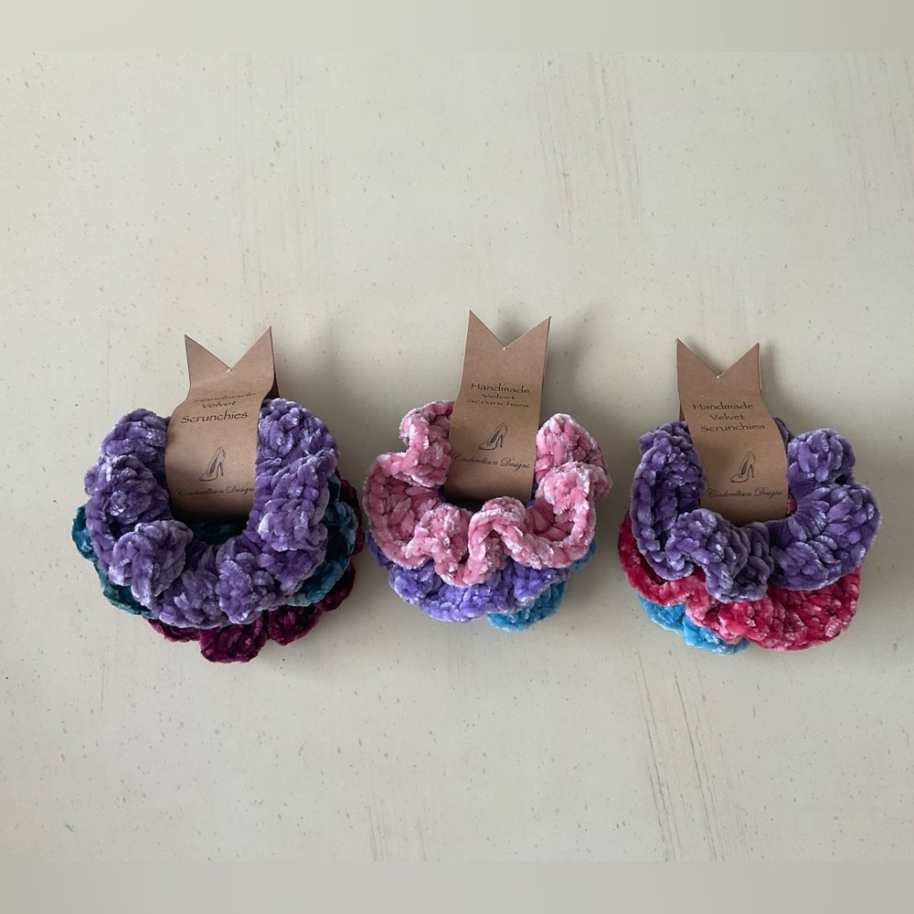 Set/3 Hand Crocheted Velvet Hair Scrunchies